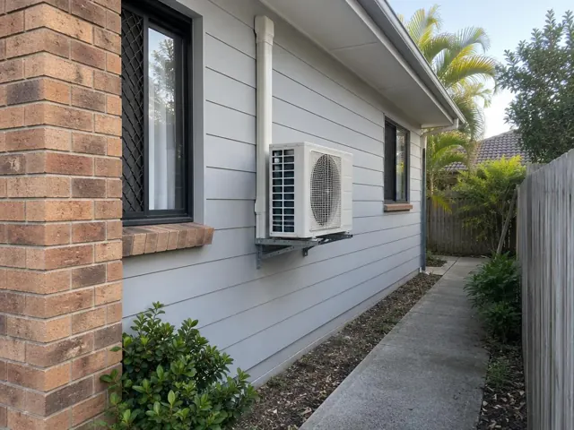 Wall-mounted air conditioner condenser beside a rendered house exterior in Maudsland